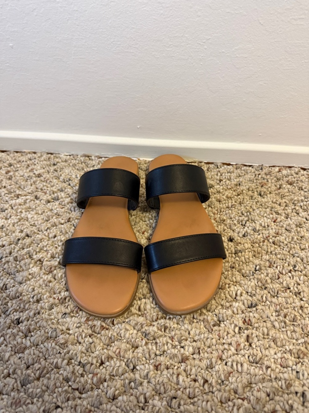 LC Lauren Conrad Black and Tan Double-Strap Slide Sandals